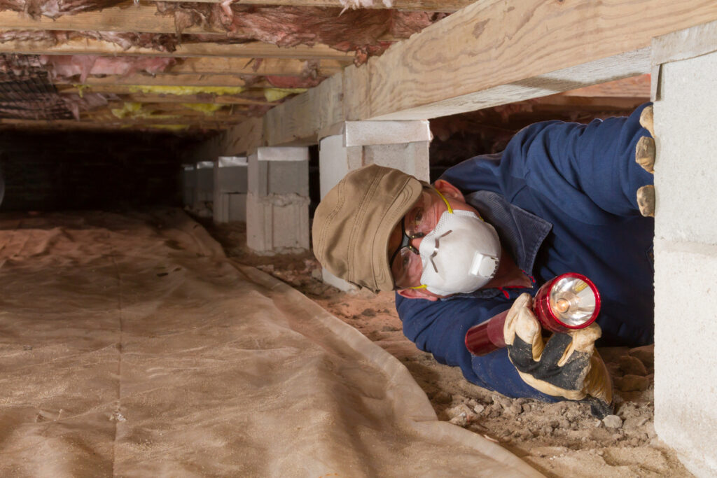 Termite inspector in residential crawl space